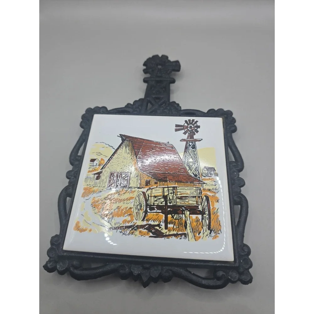 Vintage Taiwan Cast Iron Barn Scene Tile Trivet or Wall Decor